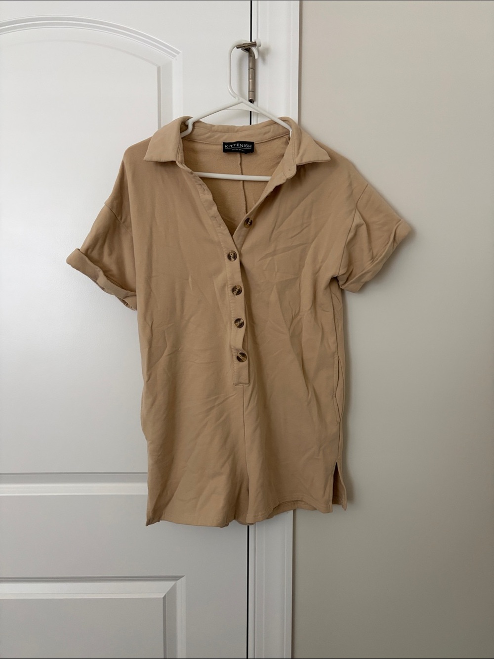Kittenish Tan Button-Front Short-Sleeve Romper